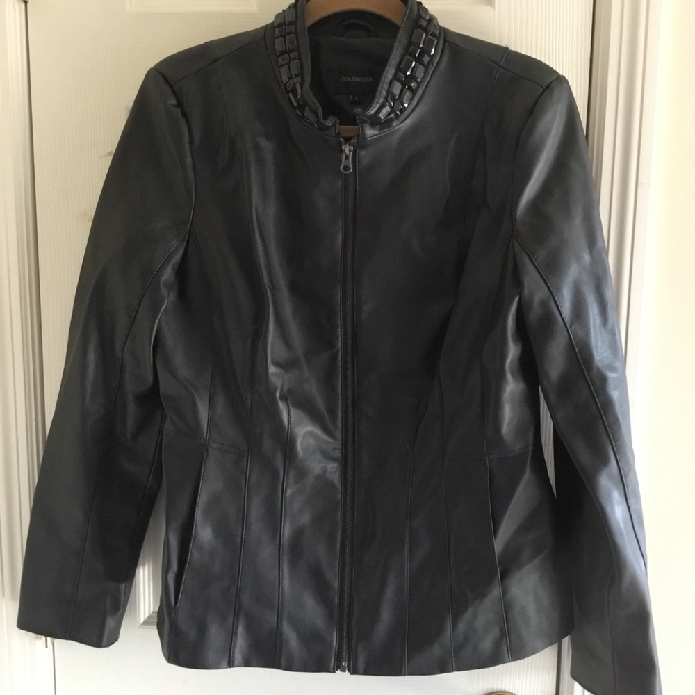 Black lined Faux leather sz L jacket with jeweled collar